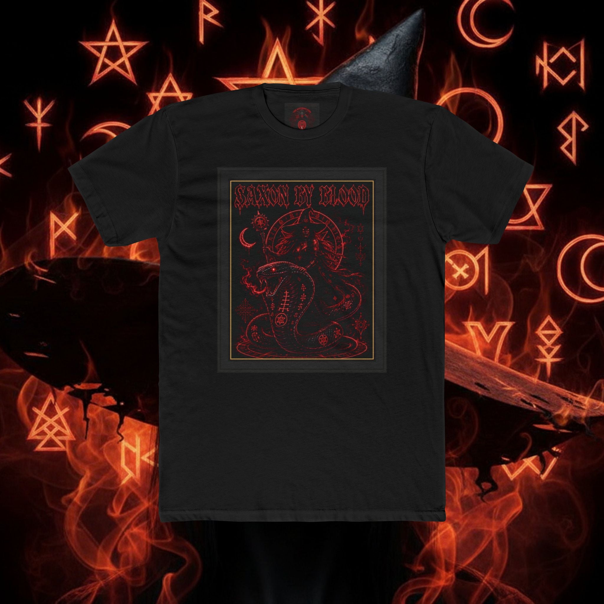 Occult Snake Tee — "Saxon By Blood" Gothic Graphic T‑Shirt with serpent and Witch By THE WICCANS.COM